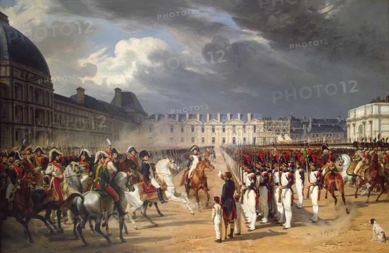 Invalid handing a petition to Napoleon at the parade in the court of the Tuileries Palace, 1838. Creator: Emile Jean-Horace Vernet.