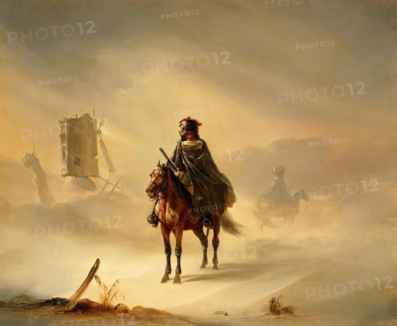 Two French Hussars on Patrol in Winter, 1840. Creator: Auguste Raffet.