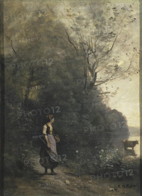 A Peasant Woman Grazing a Cow at the Edge of a Forest, 1867. Creator: Jean-Baptiste-Camille Corot.