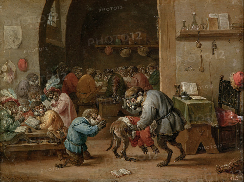 Monkeys in the school, c1660. Creator: David Teniers II.