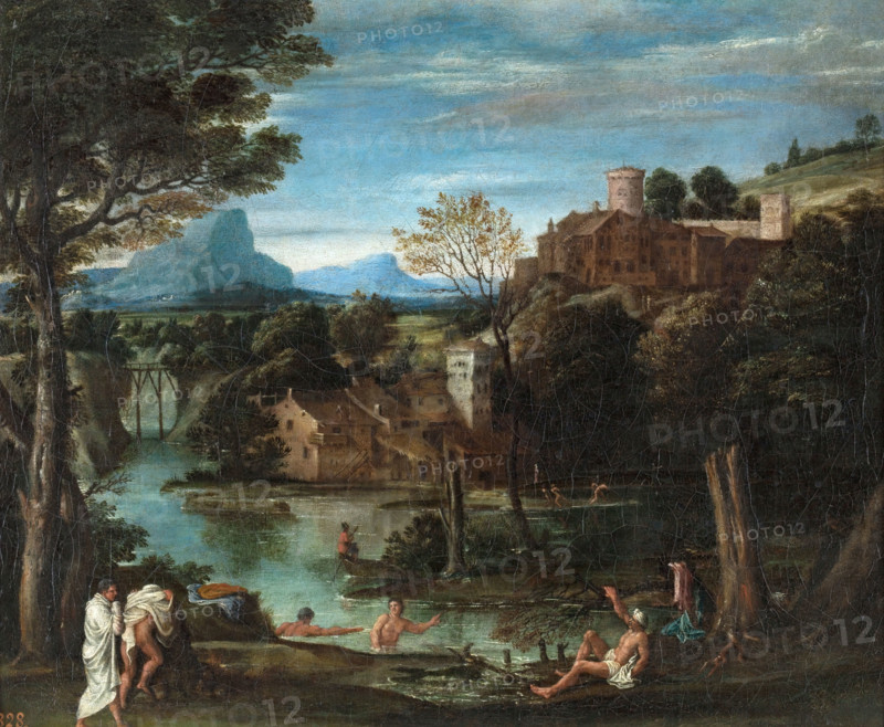 Landscape with river and bathers, 16th century. Creator: Annibale Carracci.