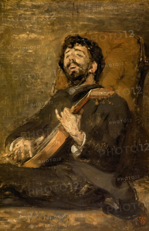 The painter Darío de Regoyos playing the guitar, 1885. Creator: Théo van Rysselberghe.