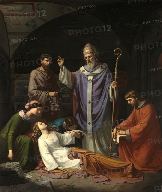Burial of Saint Cecilia in the Catacombs of Rome, 1852. Creator: Luis de Madrazo y Kuntz.