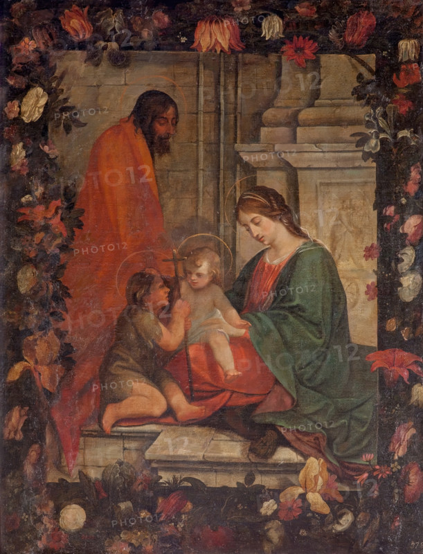 Holy Family with Saint John in a Garland of Flowers, 1685. Creator: Unknown.