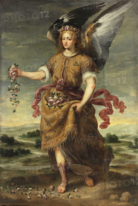 The Archangel Baraquiel scattering flowers, early 17th century.  Creator: Bartolomé Román.