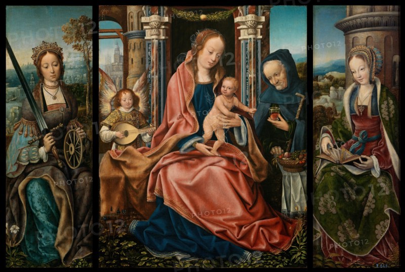 The Holy Family with musical angel, and Saints Catherine and Barbara, 1510-1520. Creator: Workshop of the Master of Frankfurt.