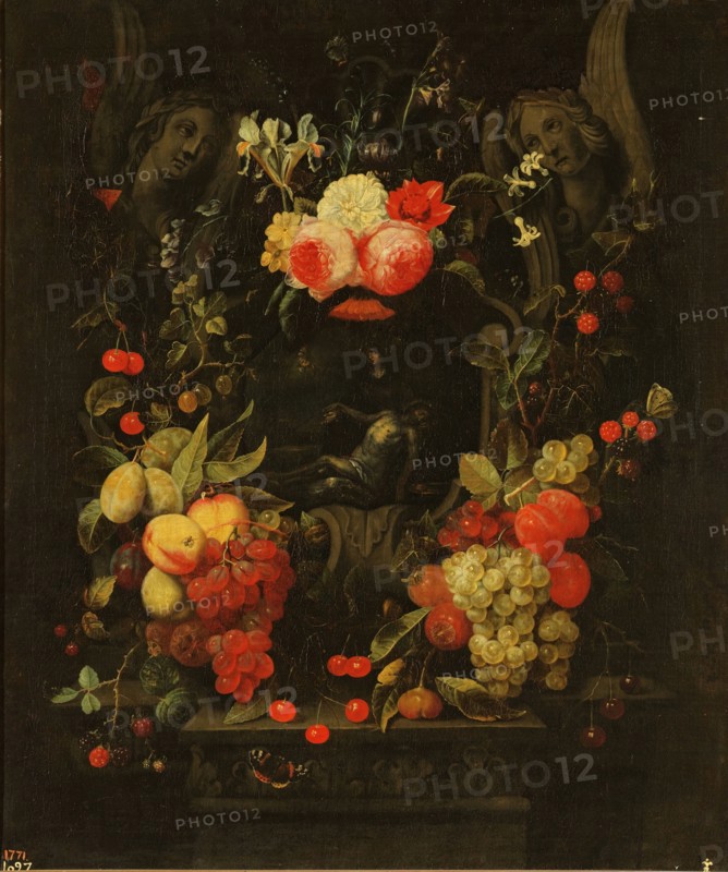Garland of flowers and fruits with the Pietà, 1654-1703. Creator: Cornelis van Huynen.