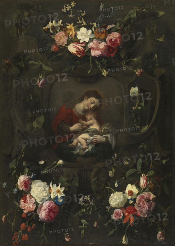 Flower garland around a Madonna and Child, early-mid 17th century.  Creator: Daniel Seghers.