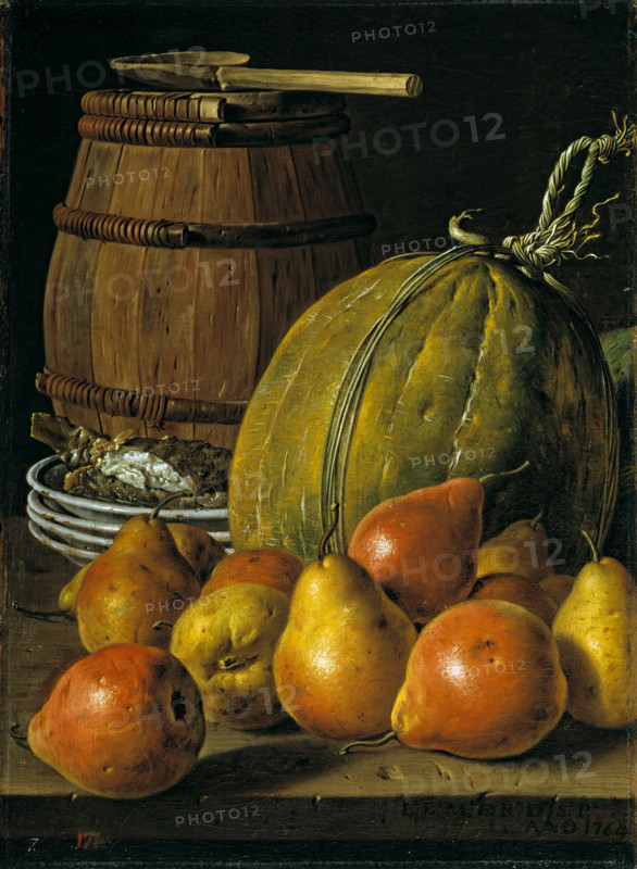 Still life with pears, melons, plates, and a barrel, 1764. Creator: Luis Meléndez.