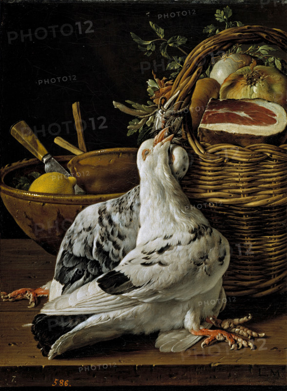 Still life with squabs, a food basket, and bowls, 18th century. Creator: Luis Meléndez.