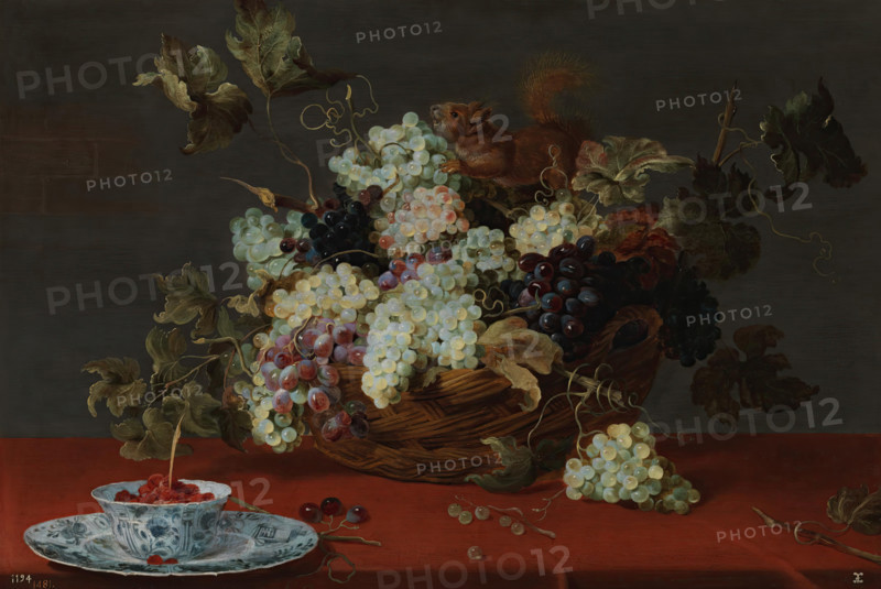 A fruit still life with a basket of grapes and a squirrel on a table, between 1600 and 1657. Creator: Frans Snyders.