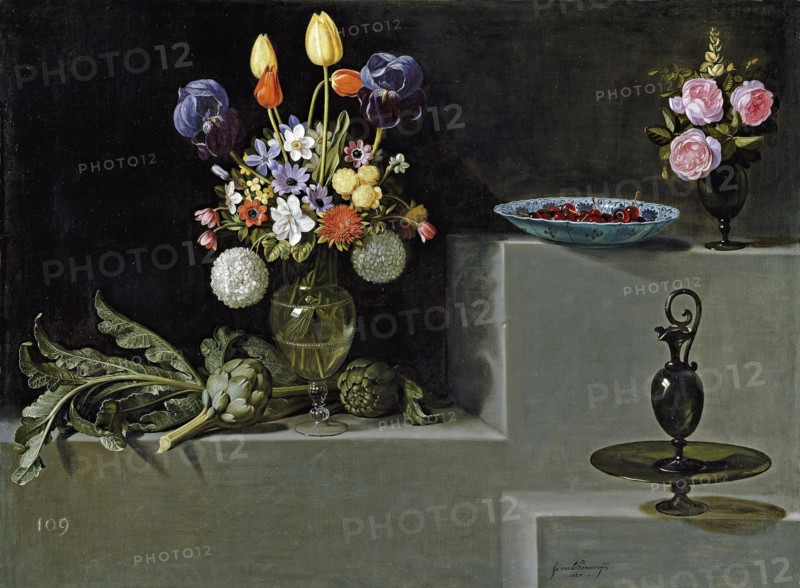 Still life with Artichokes, Flowers and glass Vessels, 1627. Creator: Juan van der Hamen y León.