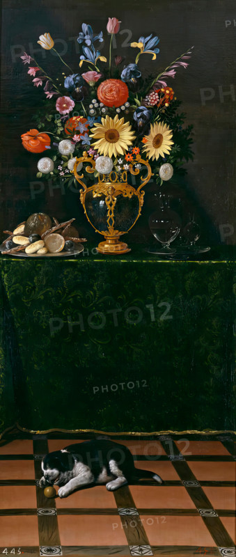 Still Life with a Vase of Flowers and a Puppy, c1625. Creator: Juan van der Hamen y León.