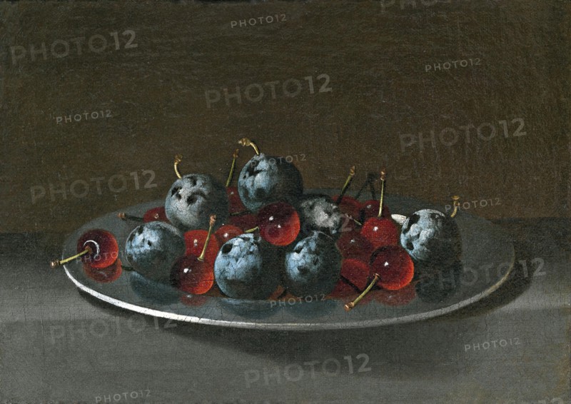 Plate with Plums and Morello Cherries, 1627. Creator: Juan van der Hamen y León.