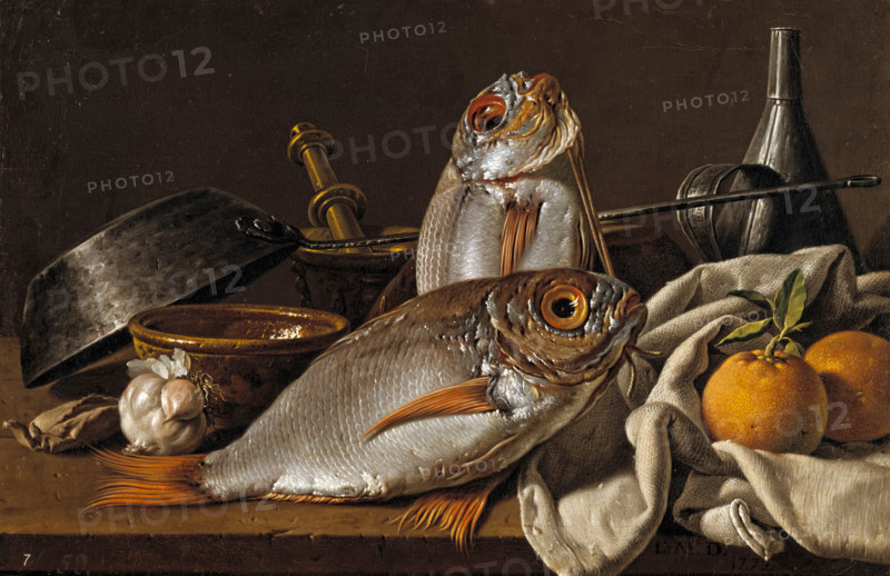 Still Life with Breams, Oranges, Garlic, Condiments, and Kitchen Utensils, 1772. Creator: Luis Meléndez.