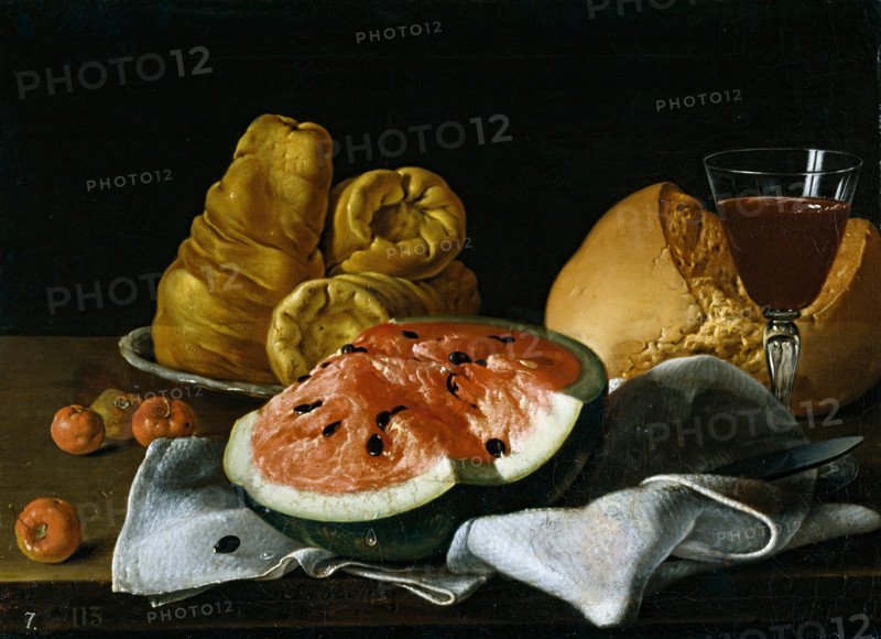 Still Life with Watermelon, Pastries, Bread, and Wine, 1770. Creator: Luis Meléndez.