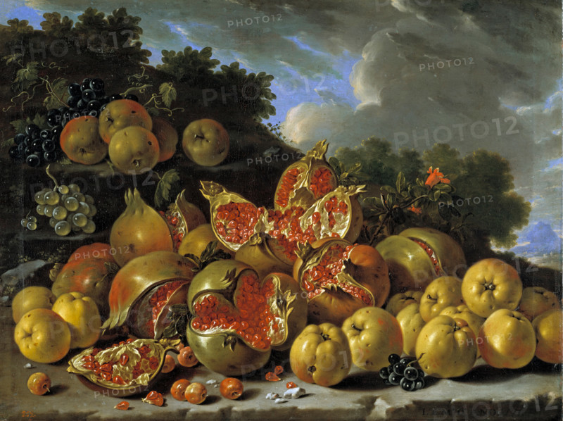 Pomegranates, apples, haws and grapes in a landscape, 1771. Creator: Luis Meléndez.