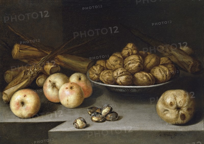 Still Life with Apples, Walnuts and Sugar Cane, 1645. Creator: Pedro de Medina Valbuena.