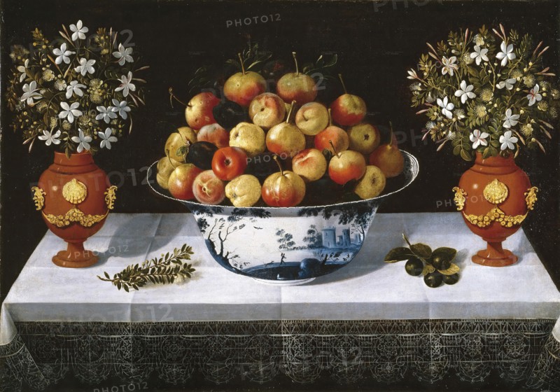 Delft Fruit Bowl and two Vases of Flowers, 1642. Creator: Tomás Hiepes.