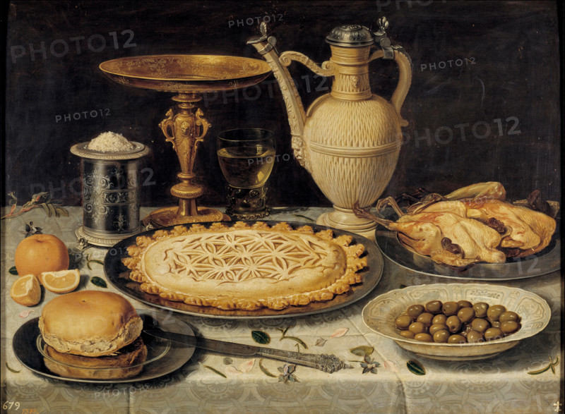 Still life with tazza, stoneware jug, saltcellar and dainties, probably 1611. Creator: Clara Peeters.