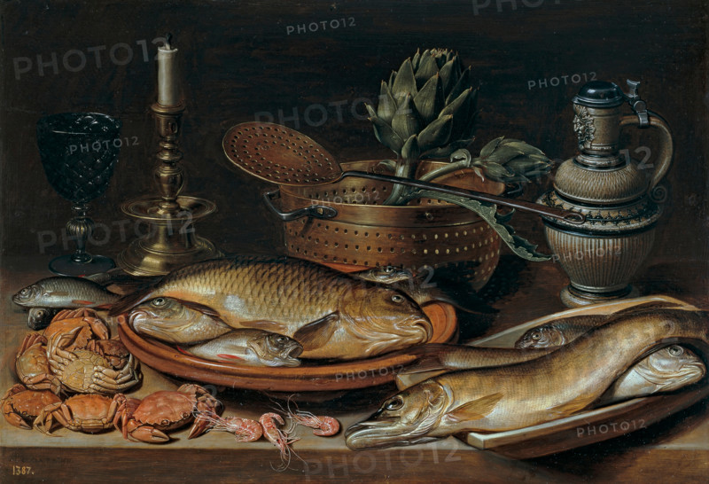 Still life of fish with a candlestick, 1611. Creator: Clara Peeters.