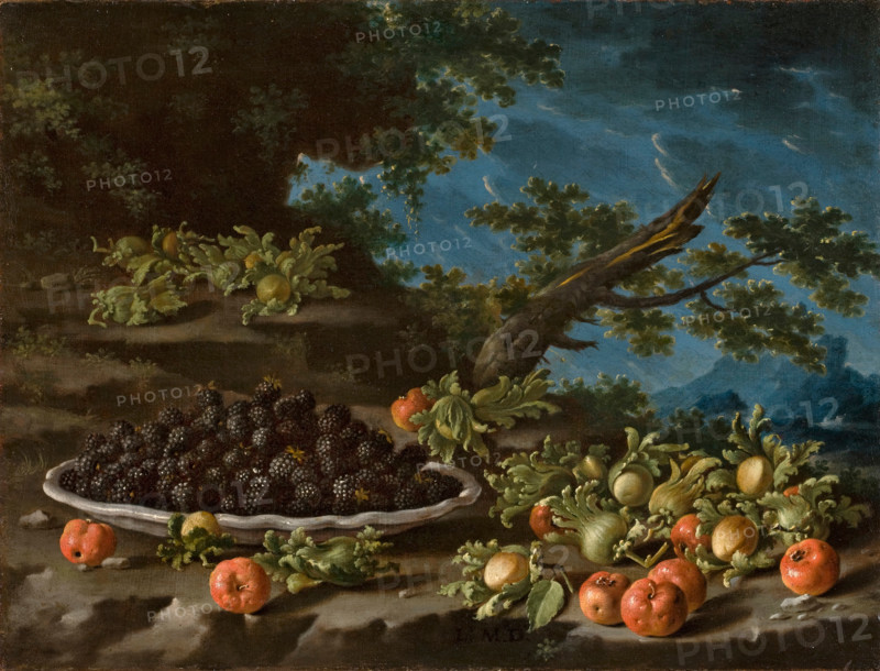 Still life with a plate of blackberries, acerolas and hazelnuts in a landscape, 1750.  Creator: Luis Meléndez.