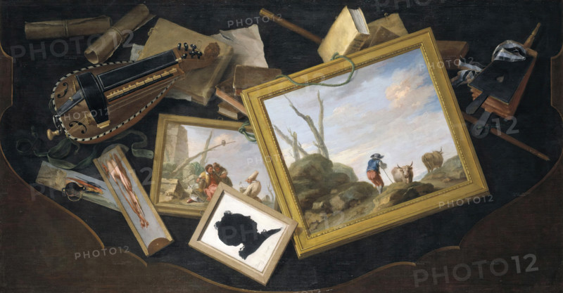 Trompe l'oeil of a Table in a Mess with Paintings, a Hurdy-Gurdy, Books and Other Objects, c1779. Creator: Charles Joseph Flipart.