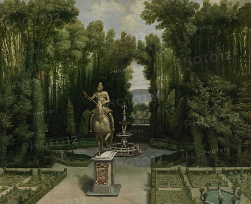 View of the gardens of the Casa de Campo with the statue of Philip III, c1634. Creator: Unknown.