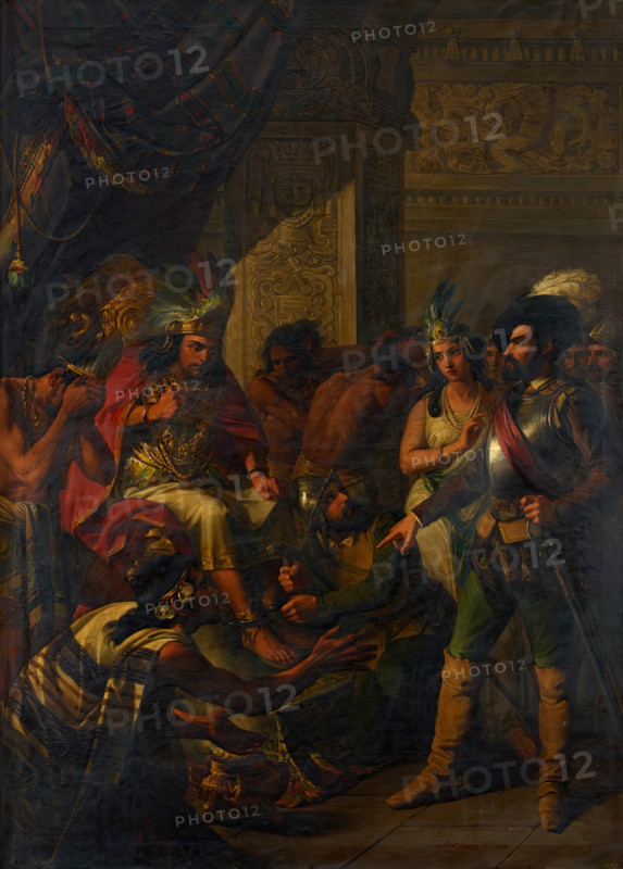 Hernán Cortés, the famous conqueror of Mexico, enters Moctezuma's chambers..., 1858. Creator: Antonio Gómez y Cros.