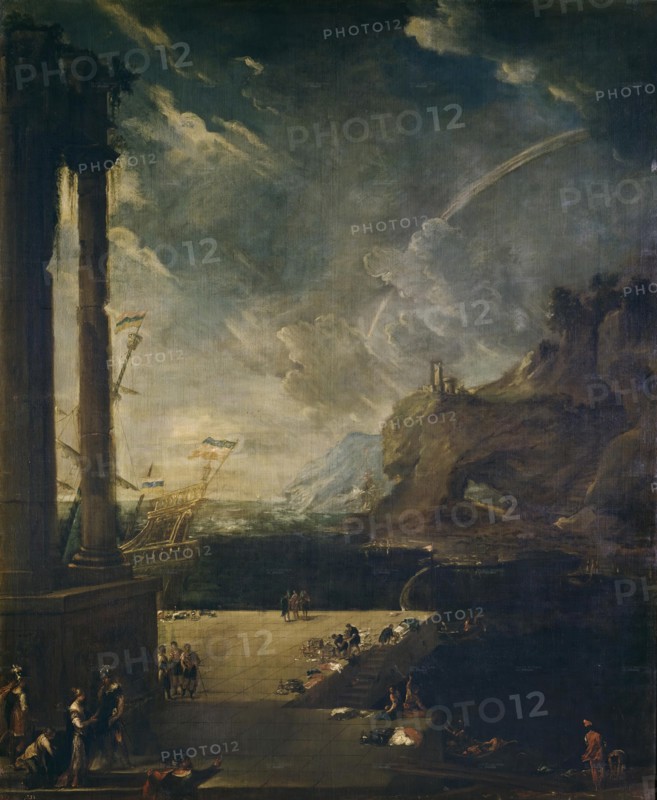 Landscape with Aeneas Departing from the Port of Carthage, c1700. Creator: Benito Manuel Aguero.