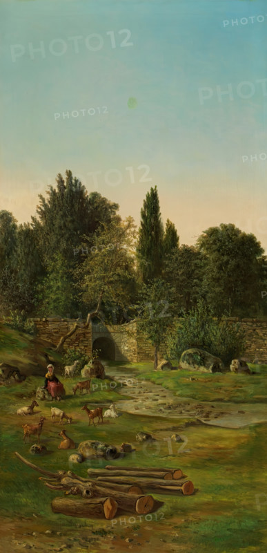 Landscape with goatherd by a river, 1891. Creator: Ceferino Araujo.