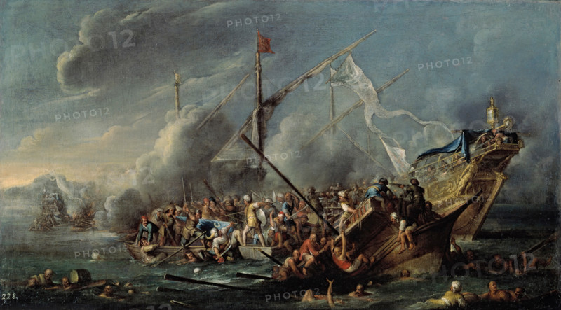 Naval battle between Spaniards and Turks, mid-17th century. Creator: Cornelis de Wael.