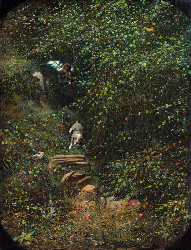 Landscape with hunter and dog, 1866. Creator: Jose Armet Portanell.