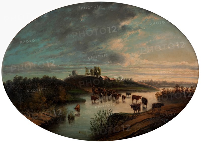 Landscape of the Guadaíra River being crossed by livestock, c1871. Creator: Jose Ramill.