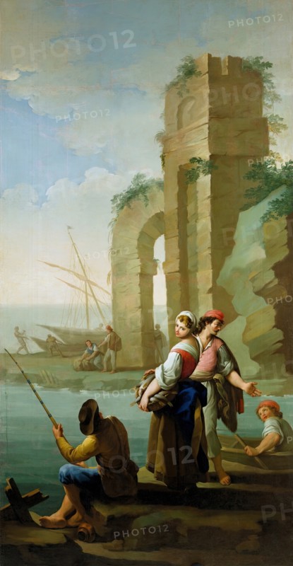 Fishermen and a woman with a basket of fish, 1785. Creator: Zacarias Gonzalez Velazquez.