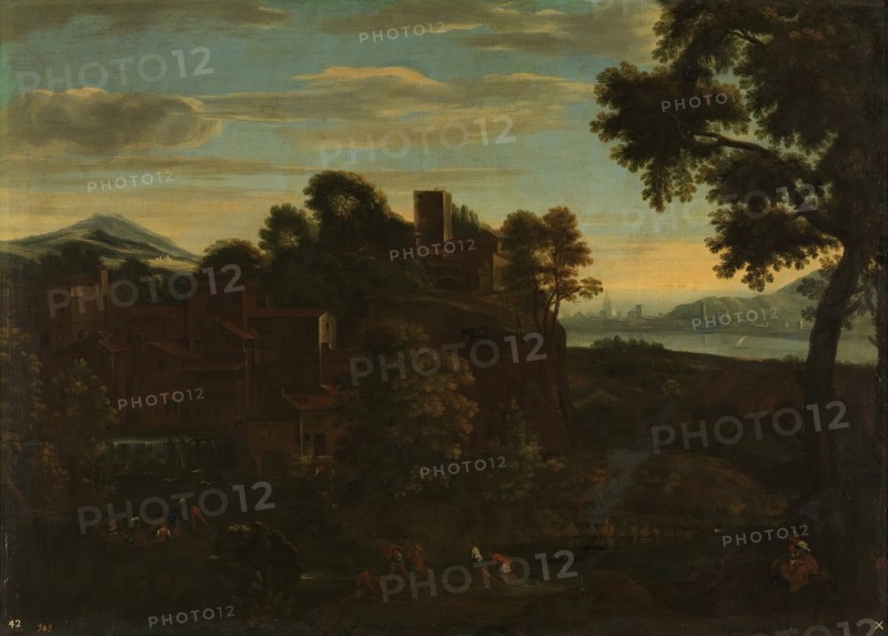 Landscape with Boats, Fishermen, and the Flight into Egypt, 17th century. Creator: Giovanni Francesco Grimaldi.