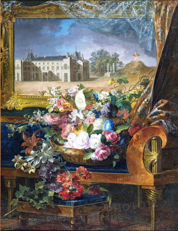 Basket of Flowers and View of a Royal Palace of Valencia, 1844. Creator: Miguel Parra Abril.