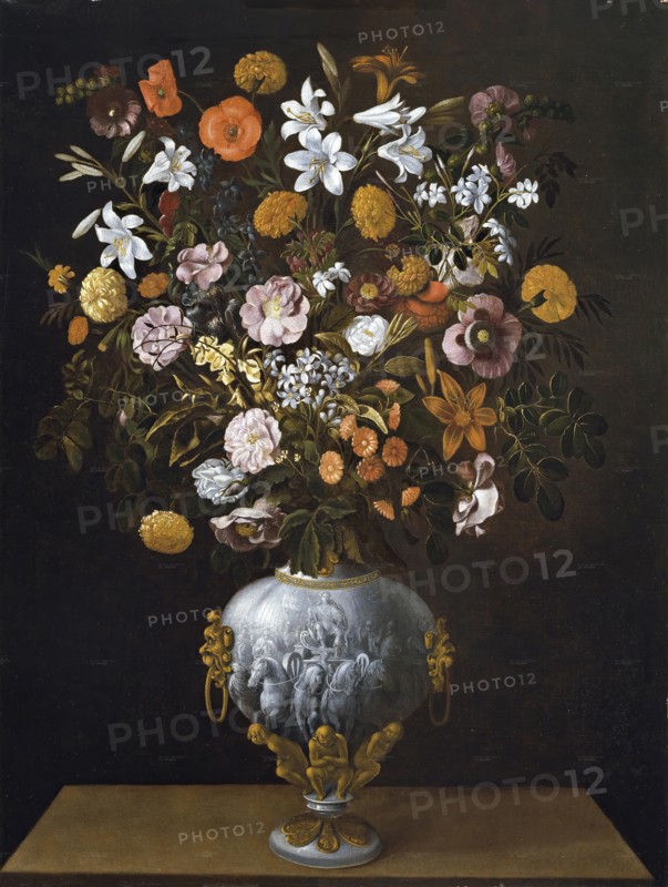Vase of Flowers with a Triumphal Chariot seen frontally, 1643. Creator: Tomás Hiepes.