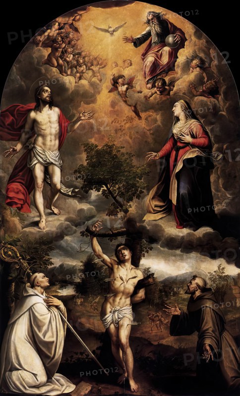 Mystical allegory with Saint Sebastian, Saint Bernard and Saint Francis, 1582. Creator: Alonso Sanchez Coello.