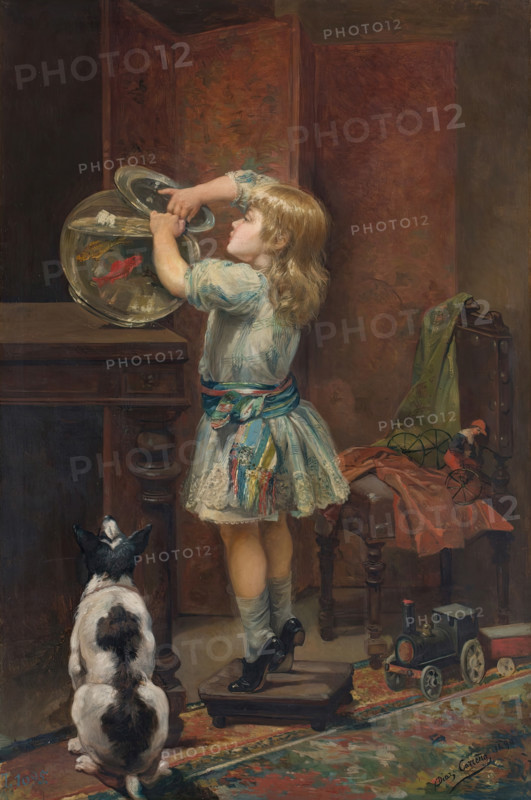 A girl playing with a fish tank, 1890. Creator: Francisco Díaz Carreño.
