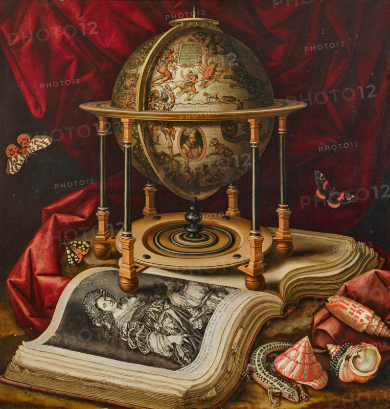 Still life with celestial globe, open book, shells, lizard and butterflies, First Half of 17th cen. Creator: Carstian Luyckx.