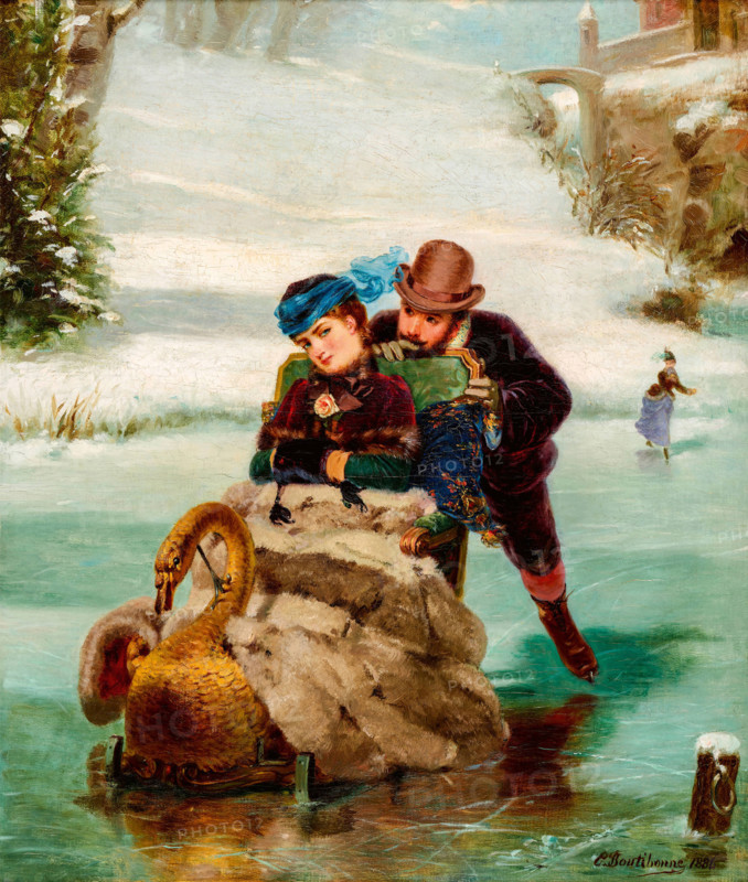 Lovers with a sleigh on a frozen lake, 1886. Creator: Charles Boutibonne.