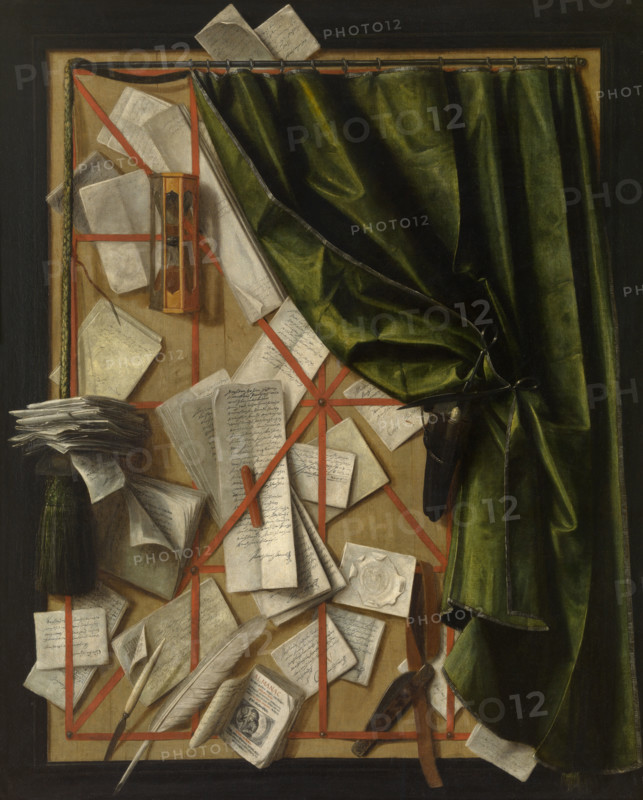 Trompe-l'oeil: Letter Rack with an Hourglass, a Razor and Scissors, 1664. Creator: Cornelis Norbertus Gijsbrechts.