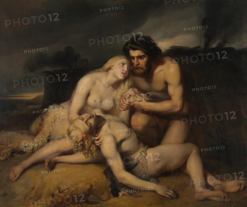 The First Deceased: Adam and Eve Discover the Dead Body of Abel, 1843. Creator: Edward Dujardin.