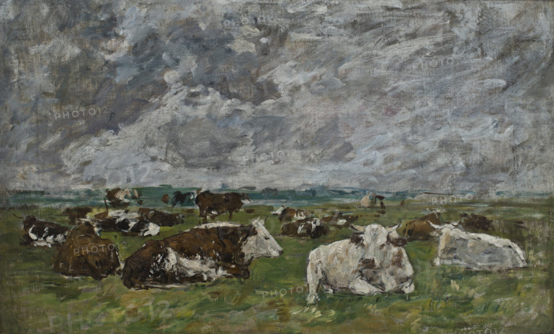 Herd of cows under a stormy sky, 1883-1888. Creator: Eugene Louis Boudin.