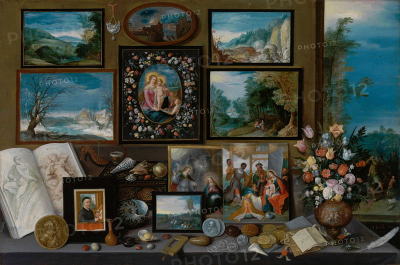 The cabinet of a collector with paintings, shells, coins, fossils and flowers, 1619. Creator: Frans Francken II.