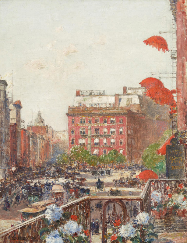 View of Broadway and Fifth Avenue, 1890. Creator: Frederick Childe Hassam.