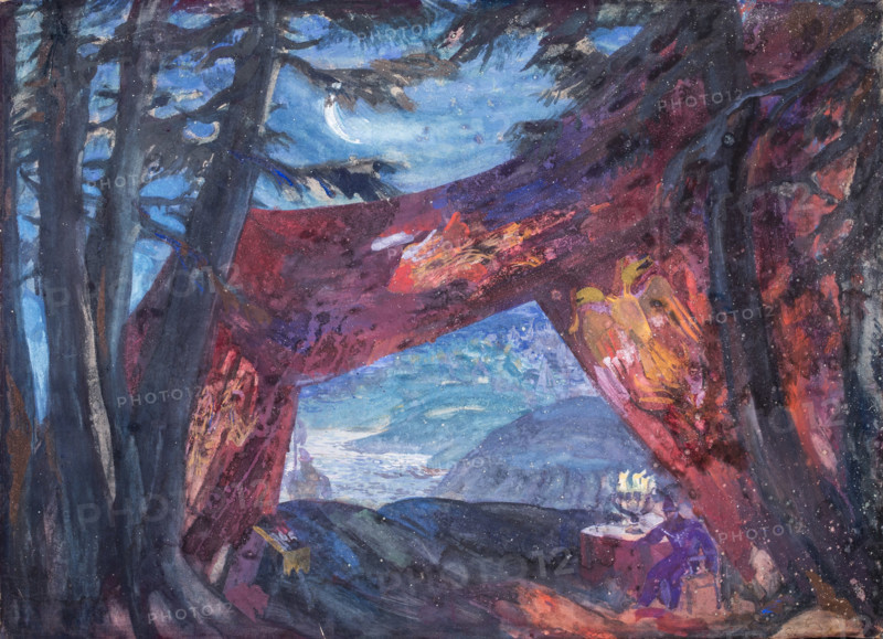 At a camp near the riverside. Stage design for the opera The Pskov Maiden by N.... 1932. Creator: Fyodor Fyodorovsky.