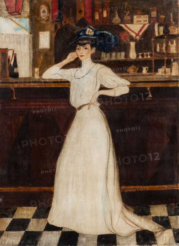 Woman leaning on a bar, 1906. Creator: George Bottini.