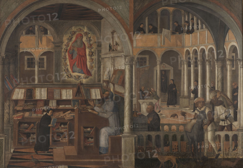 Saint Jerome appearing to Saint Augustine and the Discovery of Flour in Benedictine... c1505. Creator: Giovanni di Niccolo Mansueti.